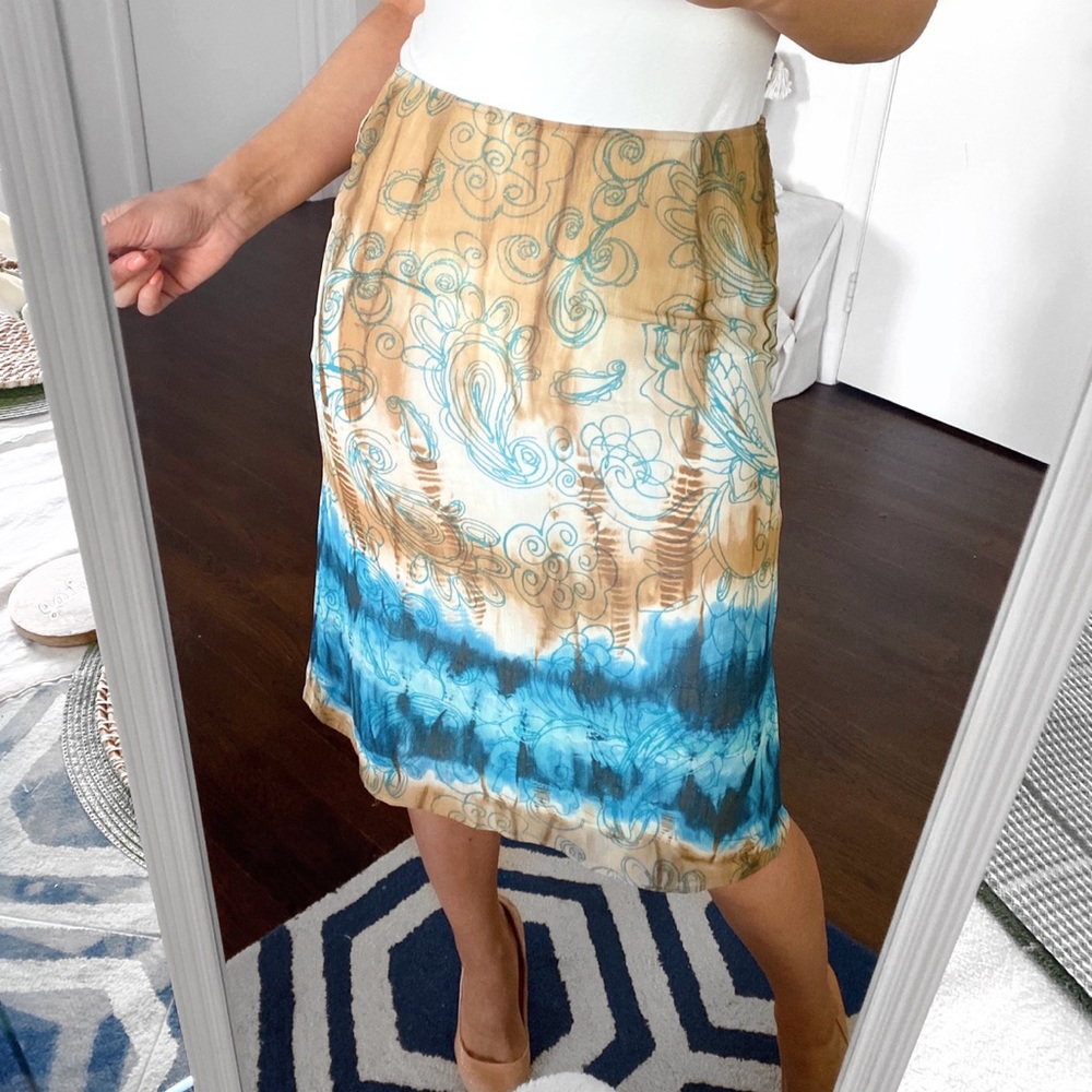👗 MINT AQUA TAN ABSTRACT PRINT HIGH WAIST MIDI SKIRT!
